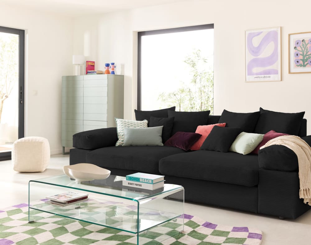 Canapé 4 places assise profonde en velours côtelé noir