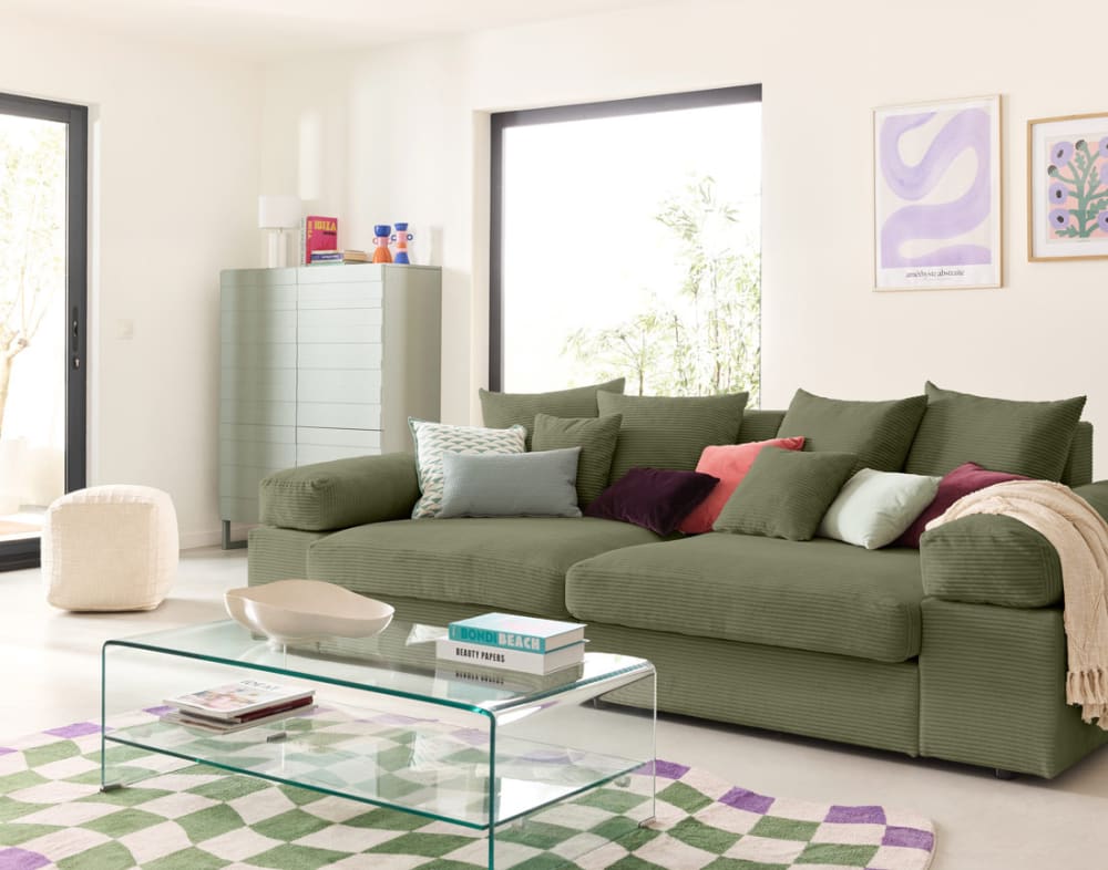 Canapé 4 places assise profonde en velours côtelé vert