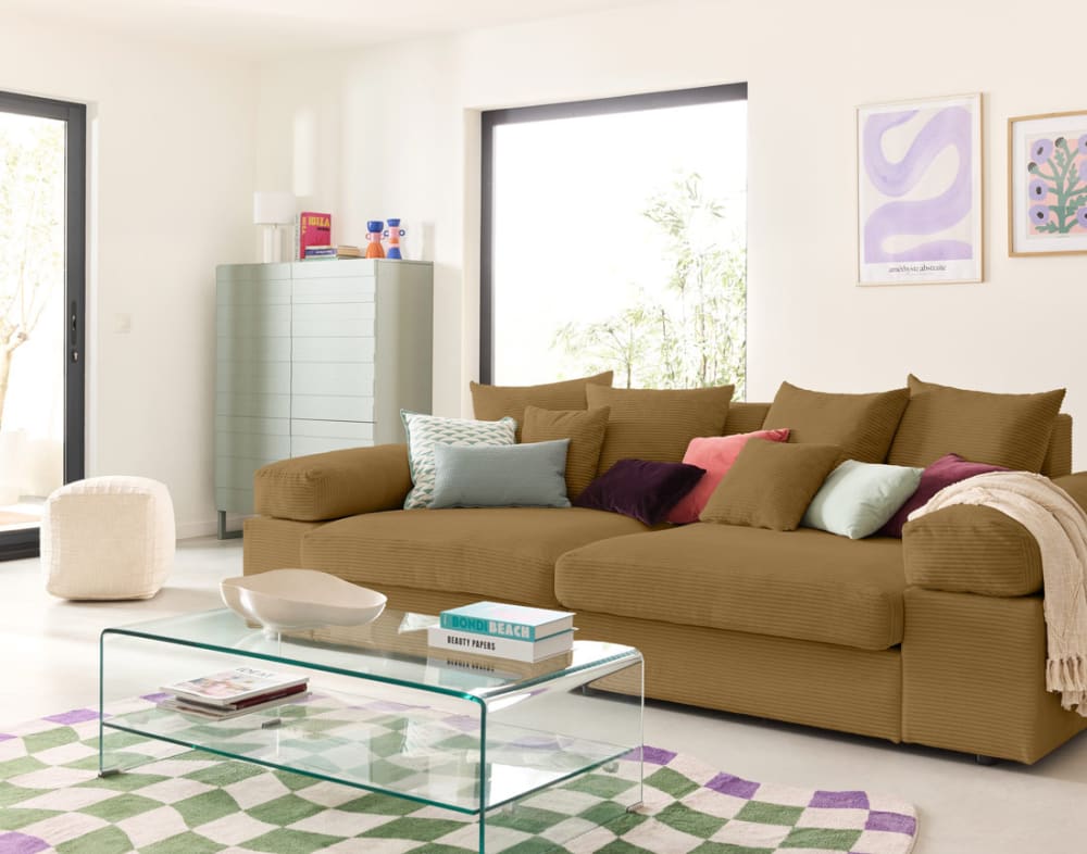 Canapé 4 places assise profonde en velours côtelé jaune