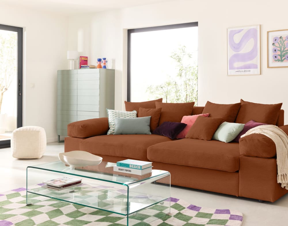 Canapé 4 places assise profonde en velours côtelé terracotta