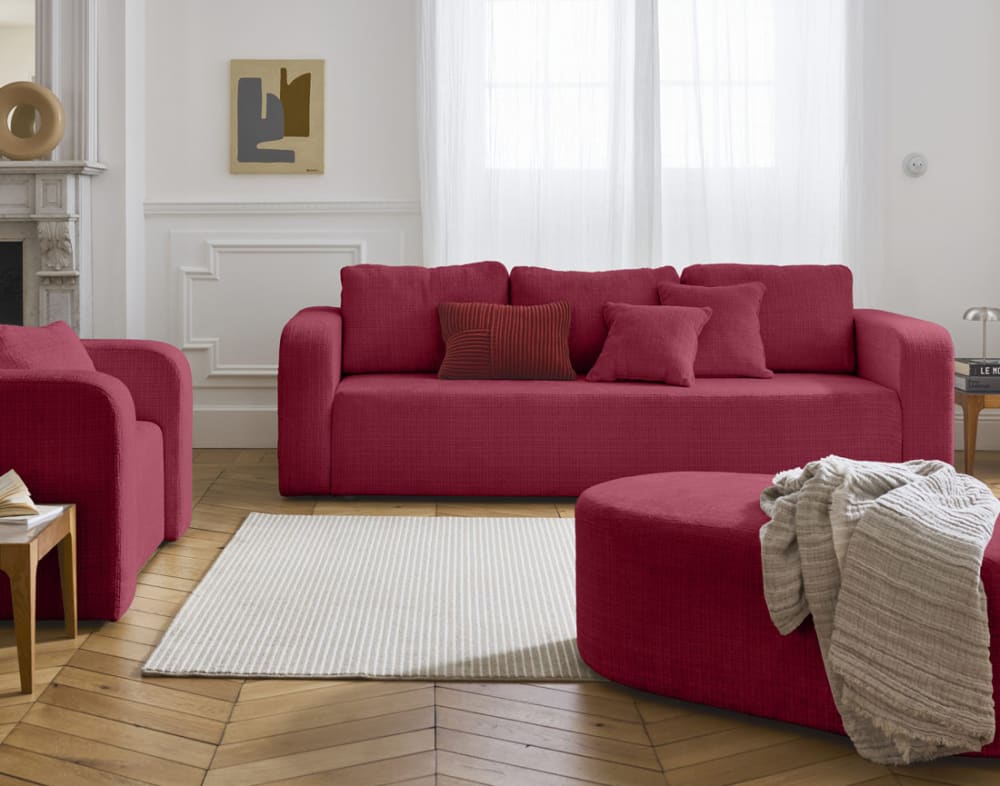 Canapé droit convertible 3 places avec coffre en velours texturé prune - Maisons du Monde