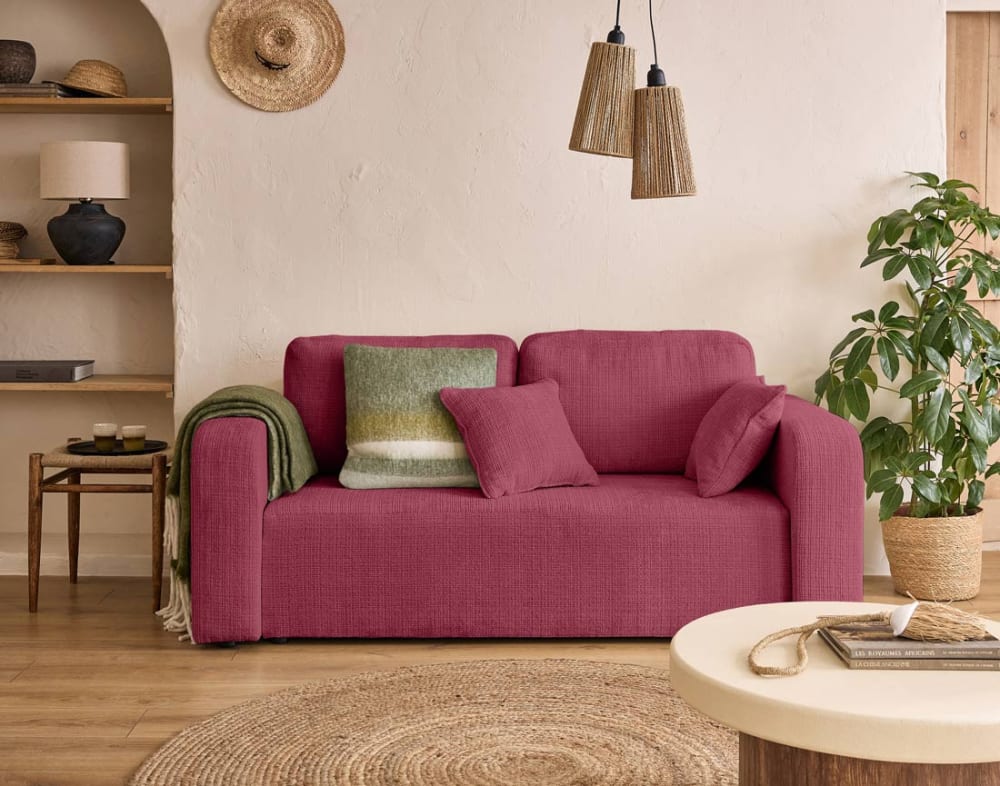 Canapé droit 2 places en velours texturé prune