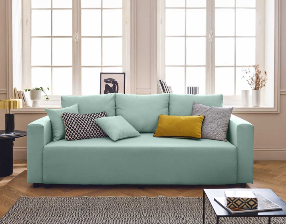 Canapé 3 places convertible avec coffre en tissu bleu ciel - Maisons du Monde
