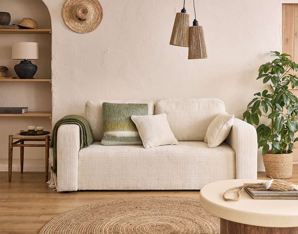 Canapé droit 2 places en velours texturé beige - Maisons du Monde