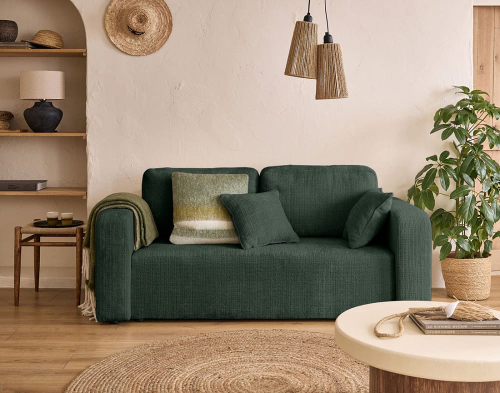 Canapé droit 2 places en velours texturé vert - Maisons du Monde