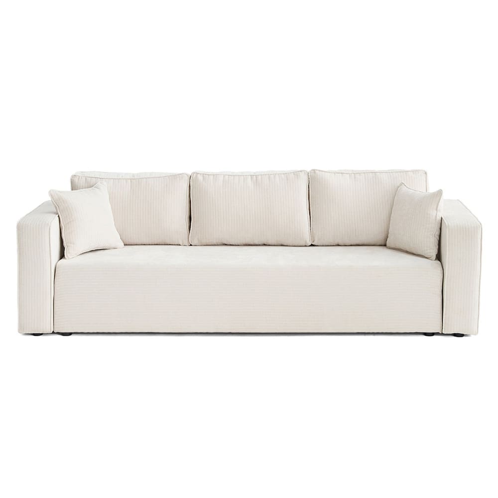 Canapé droit convertible 3 places en velours côtelé plat ecru