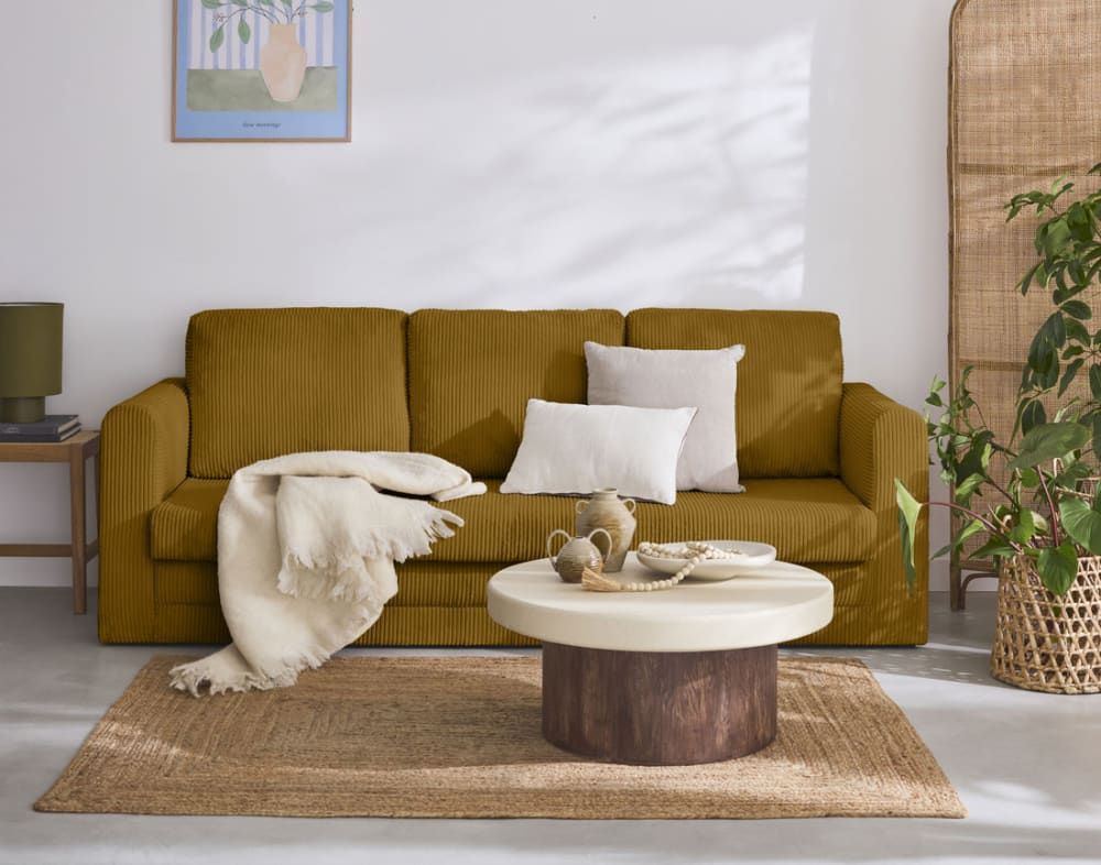 Canapé droit convertible 3 places en velours côtelé jaune