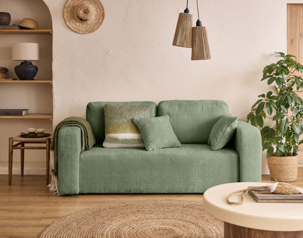 Canapé droit 2 places en velours texturé vert sauge - Maisons du Monde