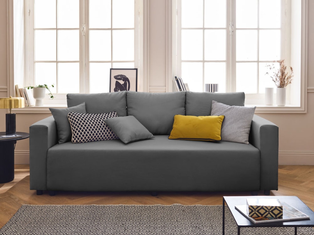 Canapé 3 places convertible avec coffre en tissu gris - Maisons du Monde