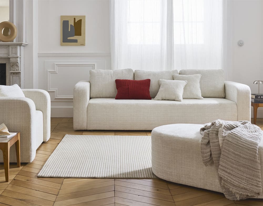 Canapé droit convertible 3 places avec coffre en velours texturé beige - Maisons du Monde