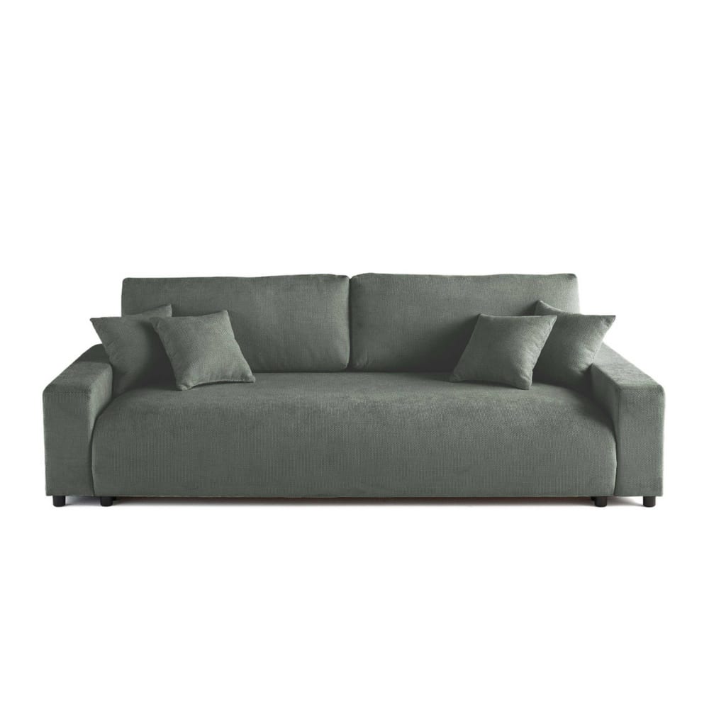 Canapé droit convertible 3 places en velours texturé vert