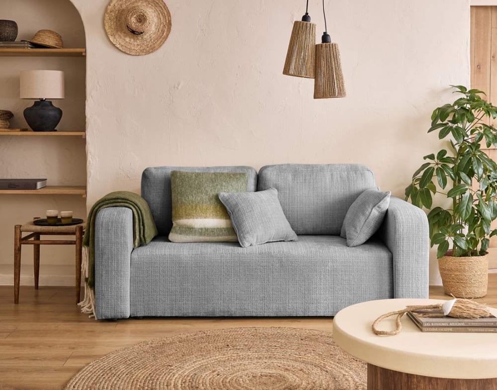 Canapé droit 2 places en velours texturé gris - Maisons du Monde