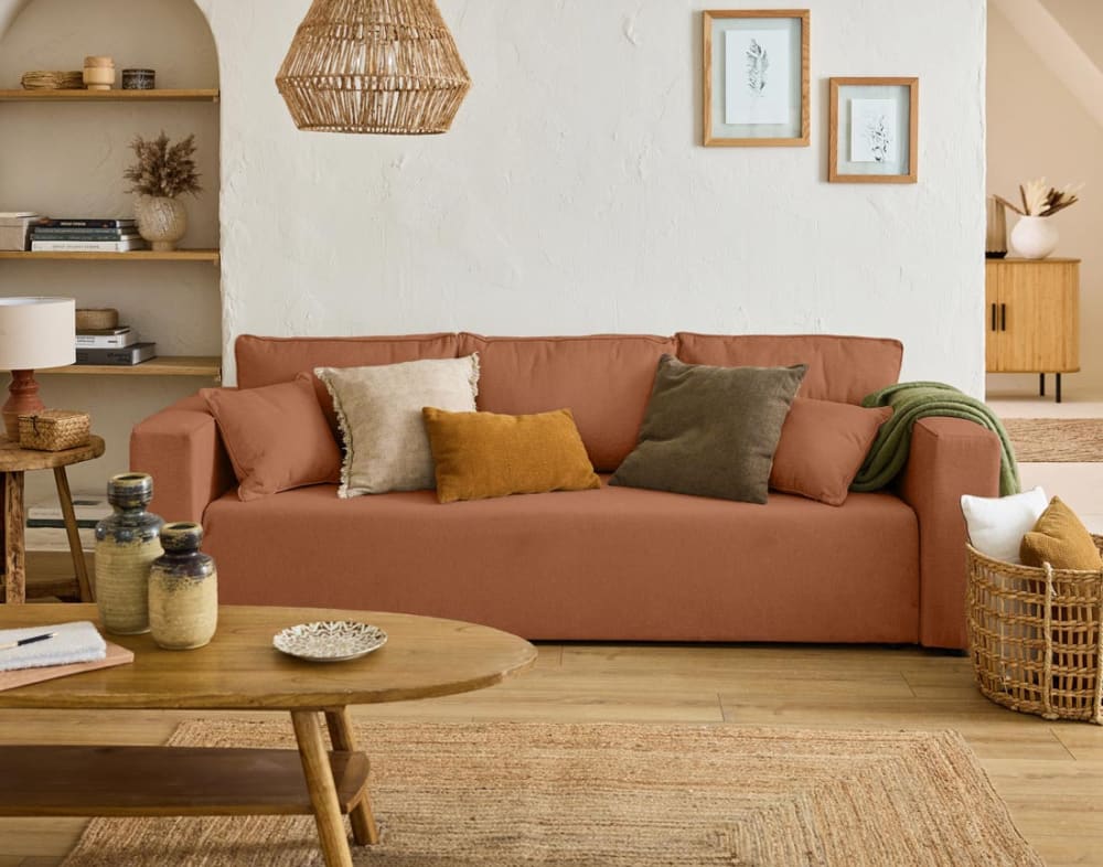 Canapé droit convertible 3 places en tissu terracotta - Maisons du Monde