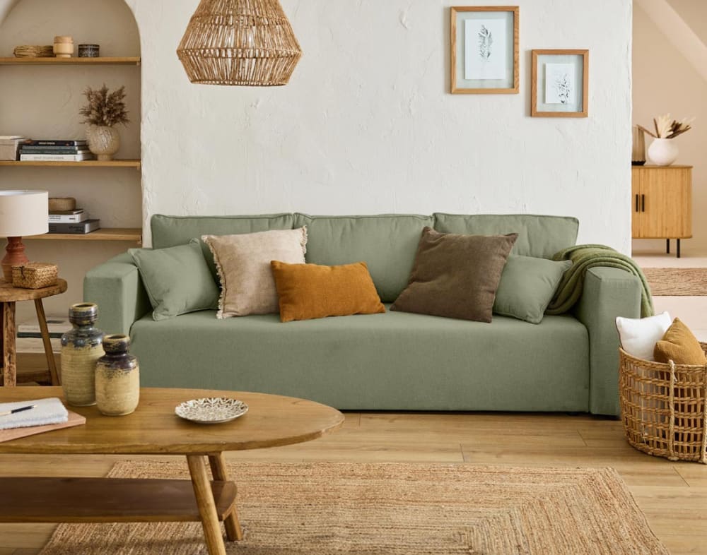 Best Mobilier Canapé droit convertible 3 places en tissu vert style contemporain