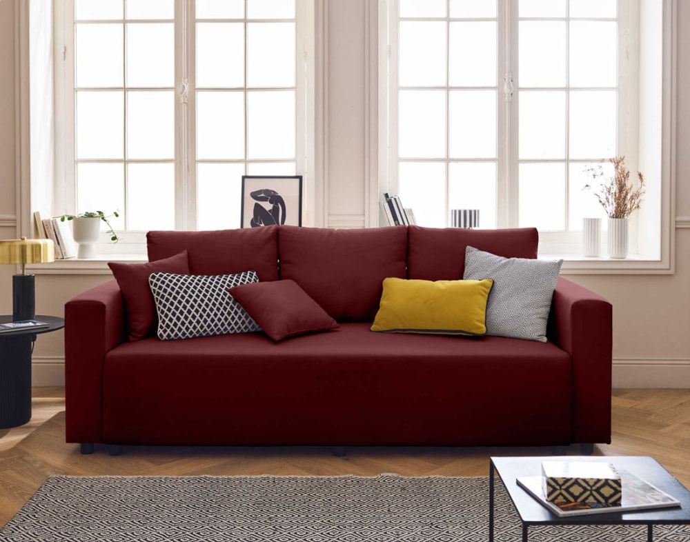 Canapé 3 places convertible avec coffre en tissu rouge - Maisons du Monde