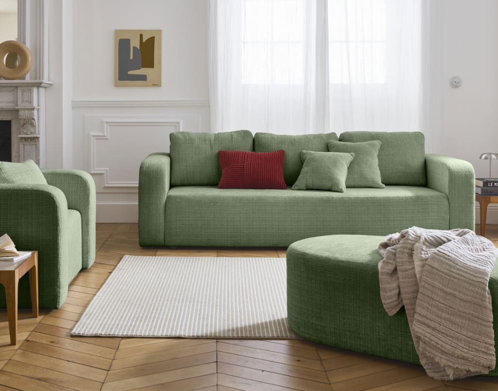 Canapé droit convertible 3 places en velours texturé vert sauge - Maisons du Monde