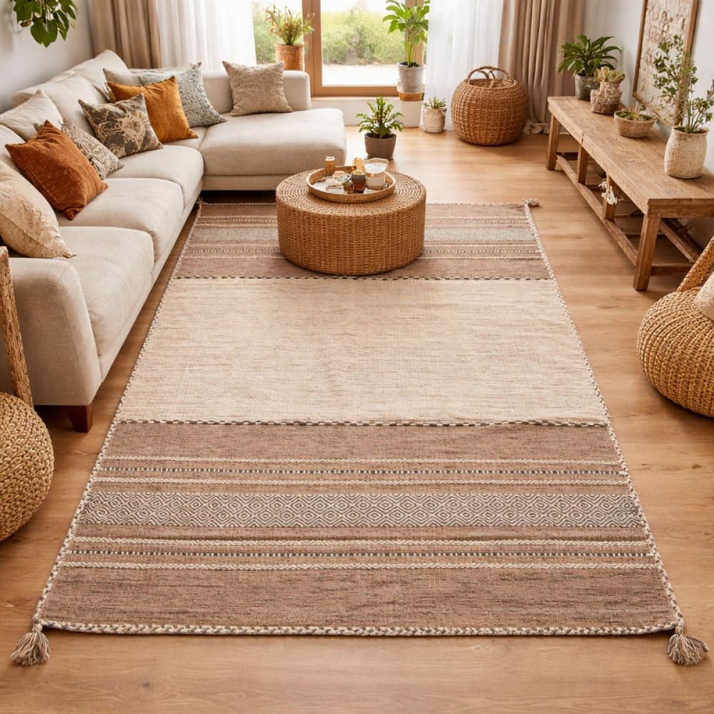 Tapis chambre, kilim tissé main en coton motif ethnique, beige 120x170 - Maisons du Monde