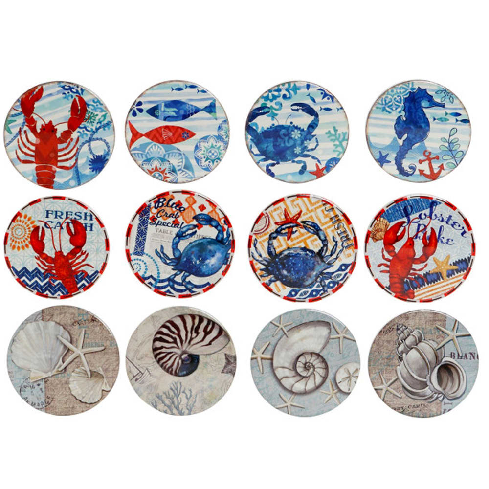 Set de 12 dessous de verres en dolomite poissons et crustacés 11x11x0.