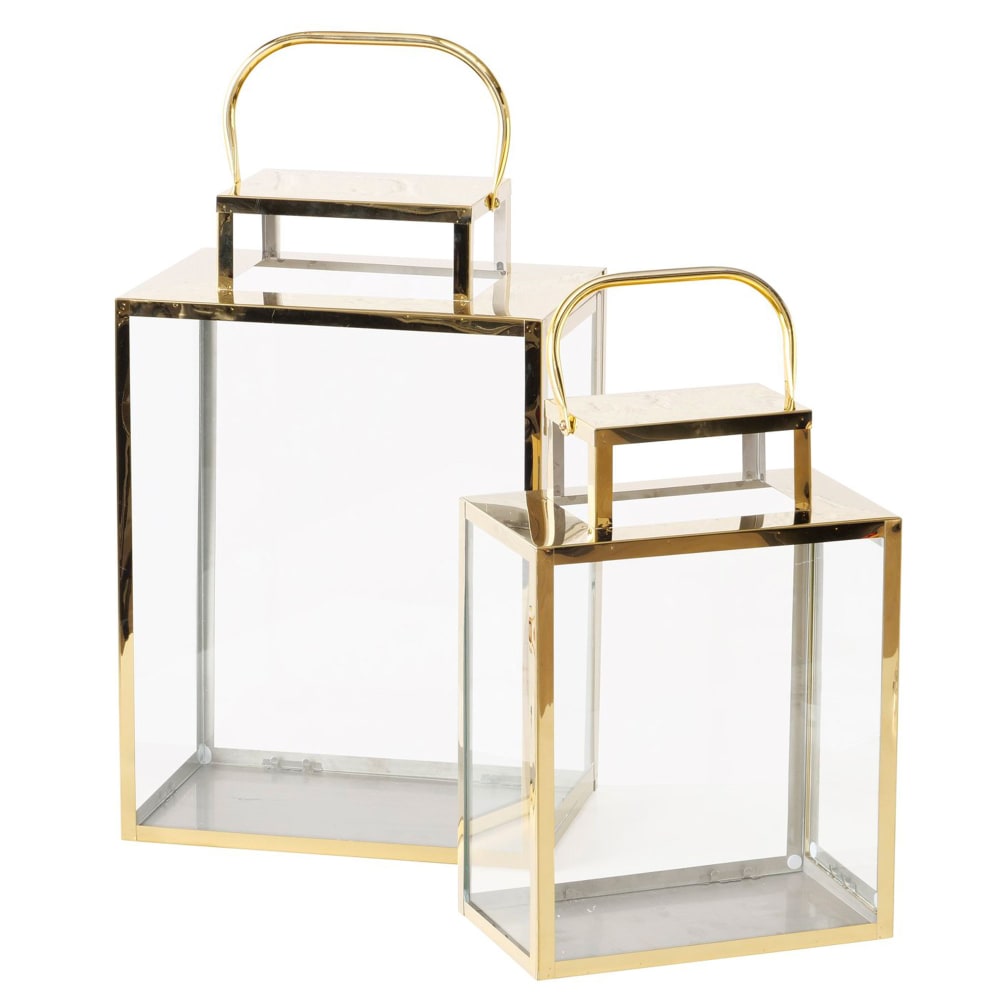 Set de 2 lanternes en métal doré et verre 20x30x46cm