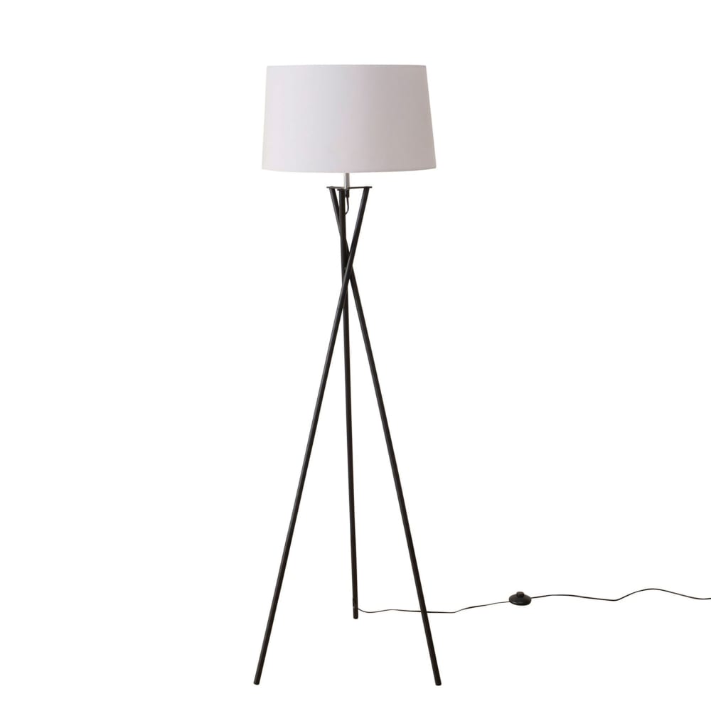 Lampadaire trépied métal noir et abat-jour blanc 44x44x158cm