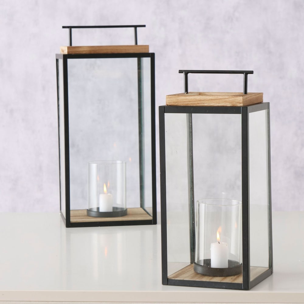 Set de 2 lanternes en métal noir et bois 20x20x45cm - Maisons du Monde