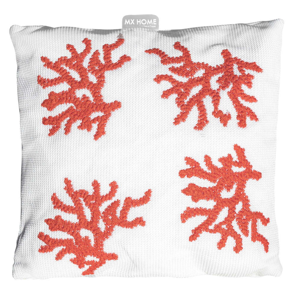 Coussin extérieur blanc broderie corail orange