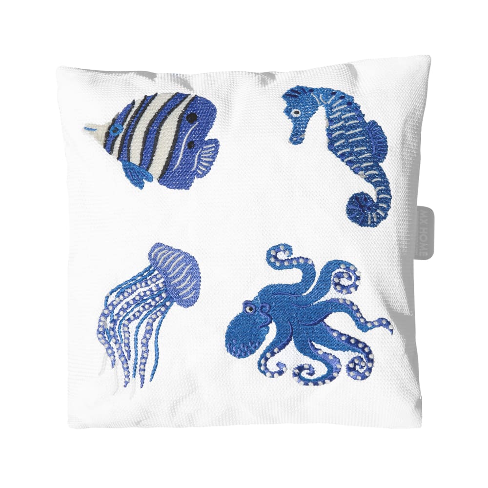 Coussin extérieur blanc broderie poisson bleu