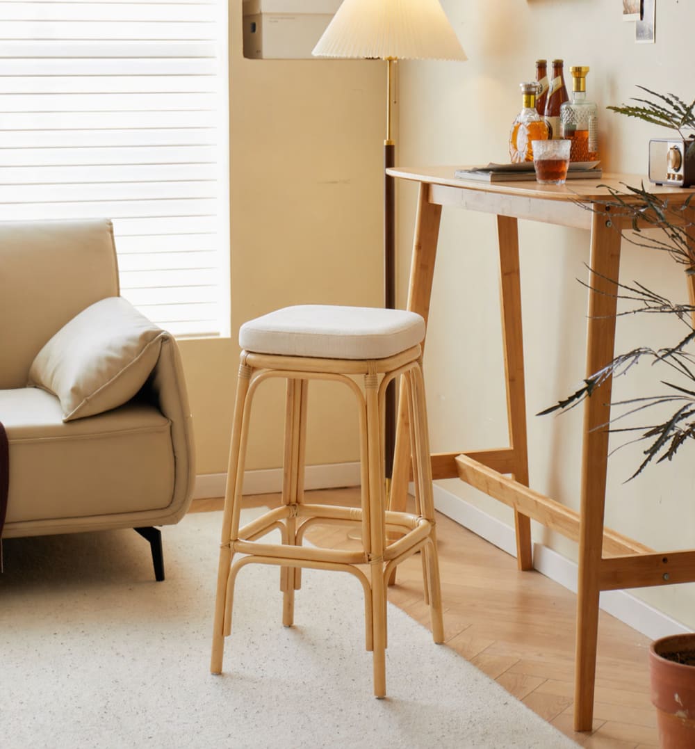 Nordlys Barhocker (2er Set) aus Rattan und Stoff Beige style exotic Beige Rattan
