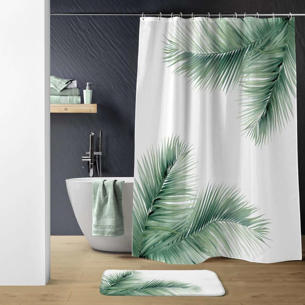 Rideau de douche et tapis de bain blanc et vert
