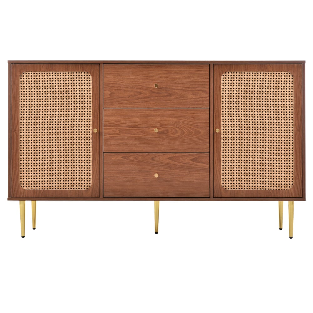 Buffet effet bois noyer avec 2 portes et 3 tiroirs en rotin