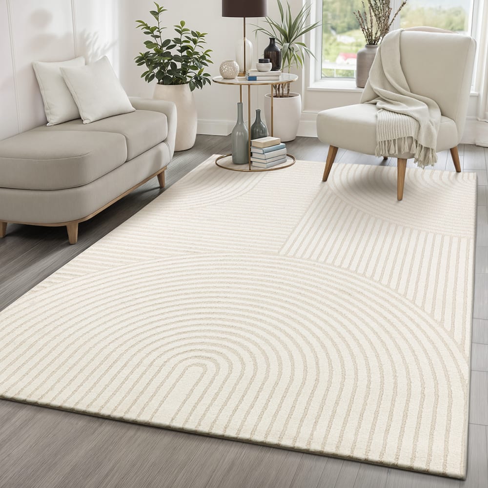 The carpet Moderner Teppich, Hoch-Tief Struktur, Creme, 200 x 290 cm style modern Weiß Pes - Polyester
