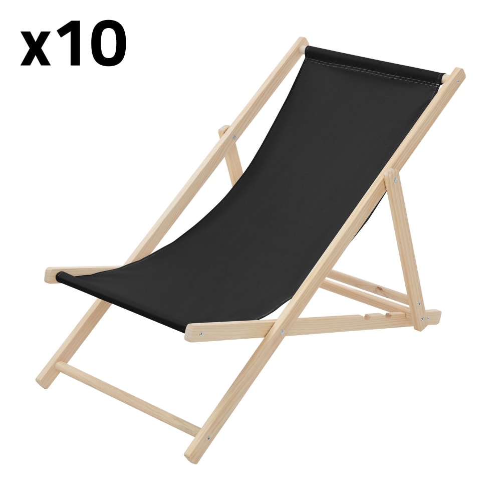 Lot de 10 chaises longues - bois noir tissu