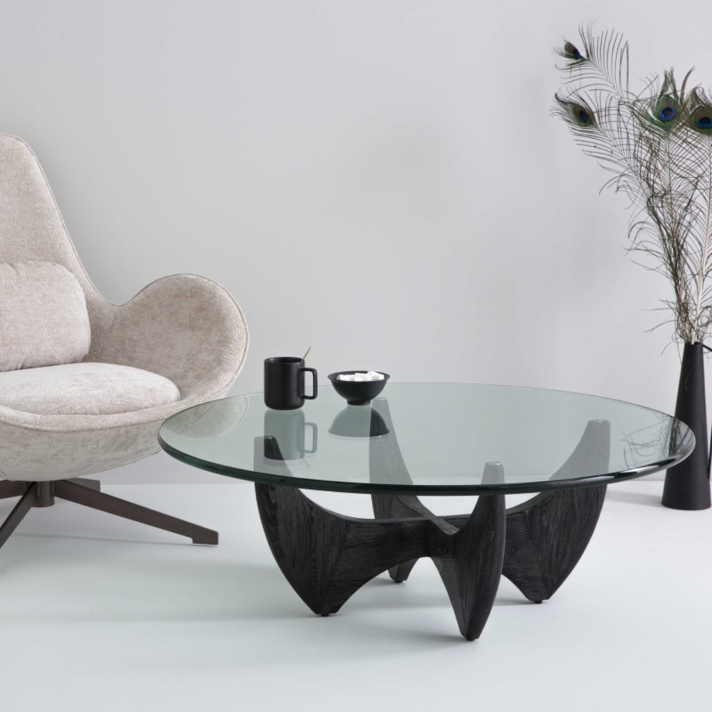 Signature Couchtisch rund Eiche schwarz massiv mit Glasplatte - L100 cm - Holz