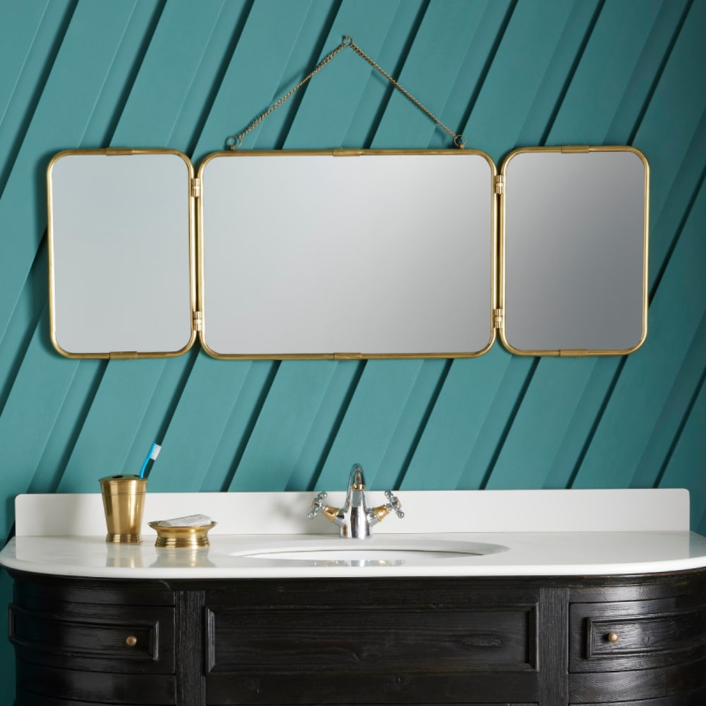 Signature Triptychon-Friseurspiegel aus goldenem Messing - L114 cm - Metall
