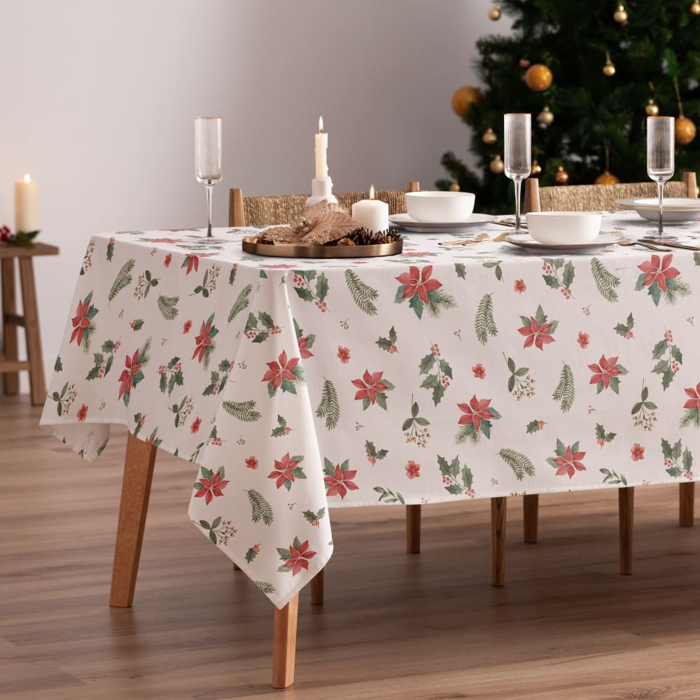Mantel navidad algodón hojas multi 155x350 cm