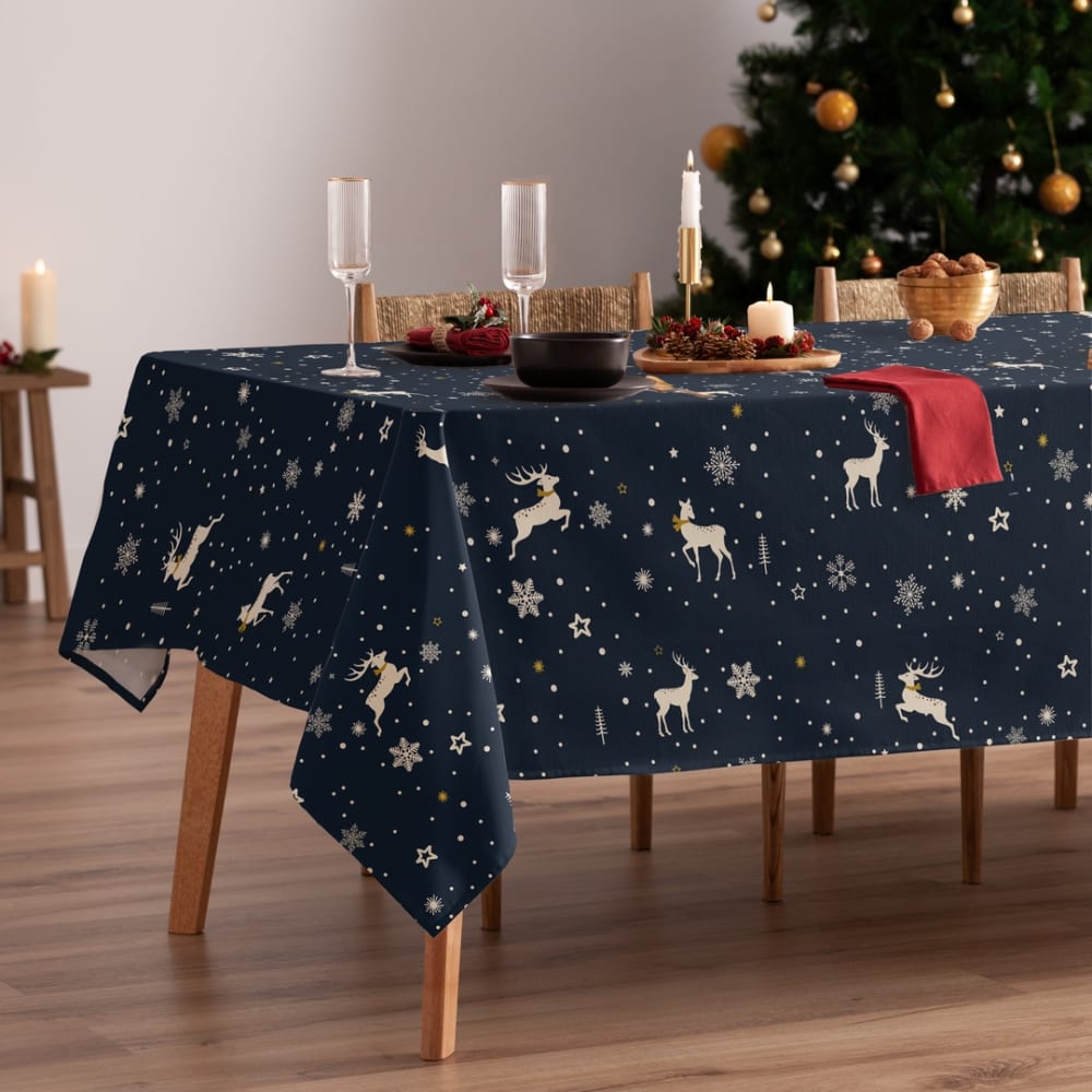 Weihnachtstischdecke Baumwolle blauer Hirsch 155x200 cm - Maisons