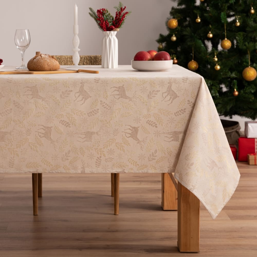 Mantel navidad jacquard ciervo oro 155x350 cm