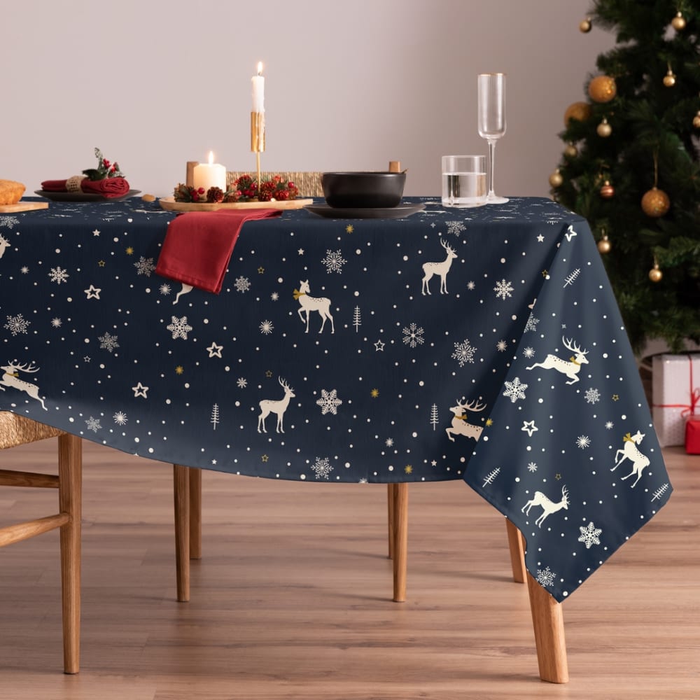 Mint Weihnachtstischdecke Baumwolle blauer Hirsch 155x300 cm style classic chic - Baumwolle