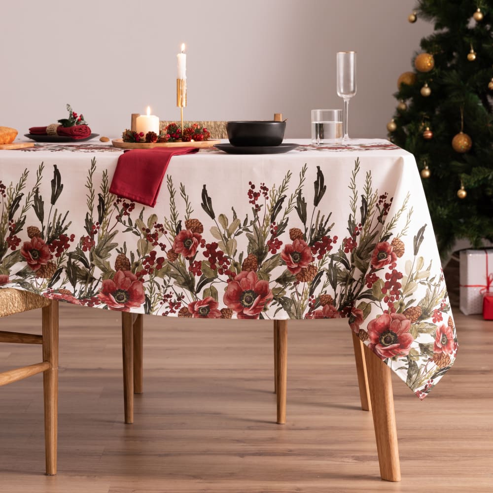 Mantel navidad algodón flores rojo 155x350 cm