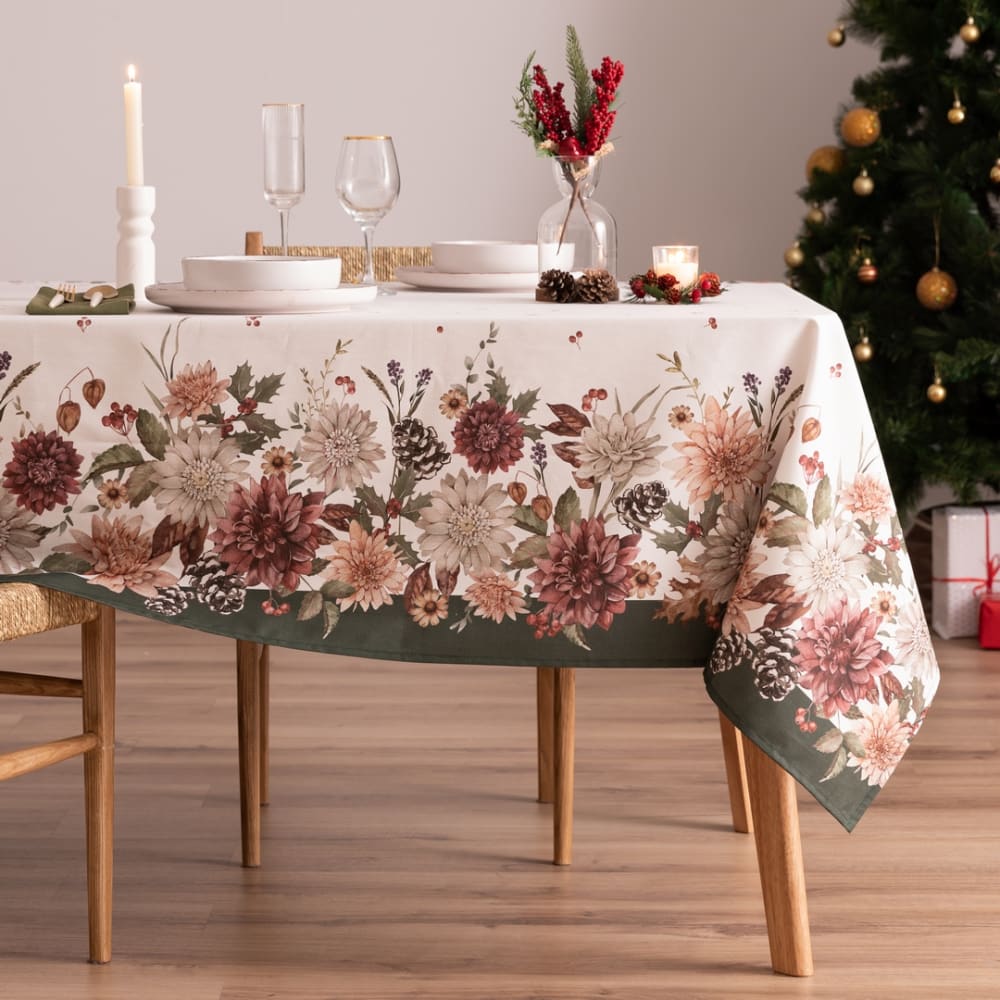 Mantel navidad algodón flor verde 155x240 cm