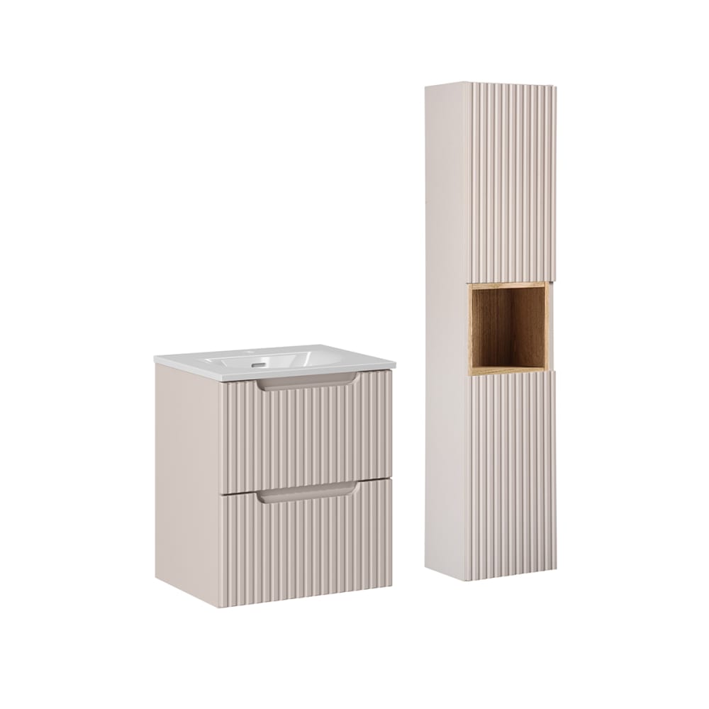 Ensemble meuble vasque encastrée 2 tiroirs colonne stratifiés beige