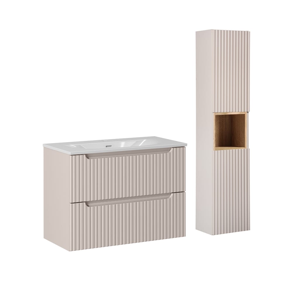 Ensemble meuble vasque encastrée 2 tiroirs colonne stratifiés beige