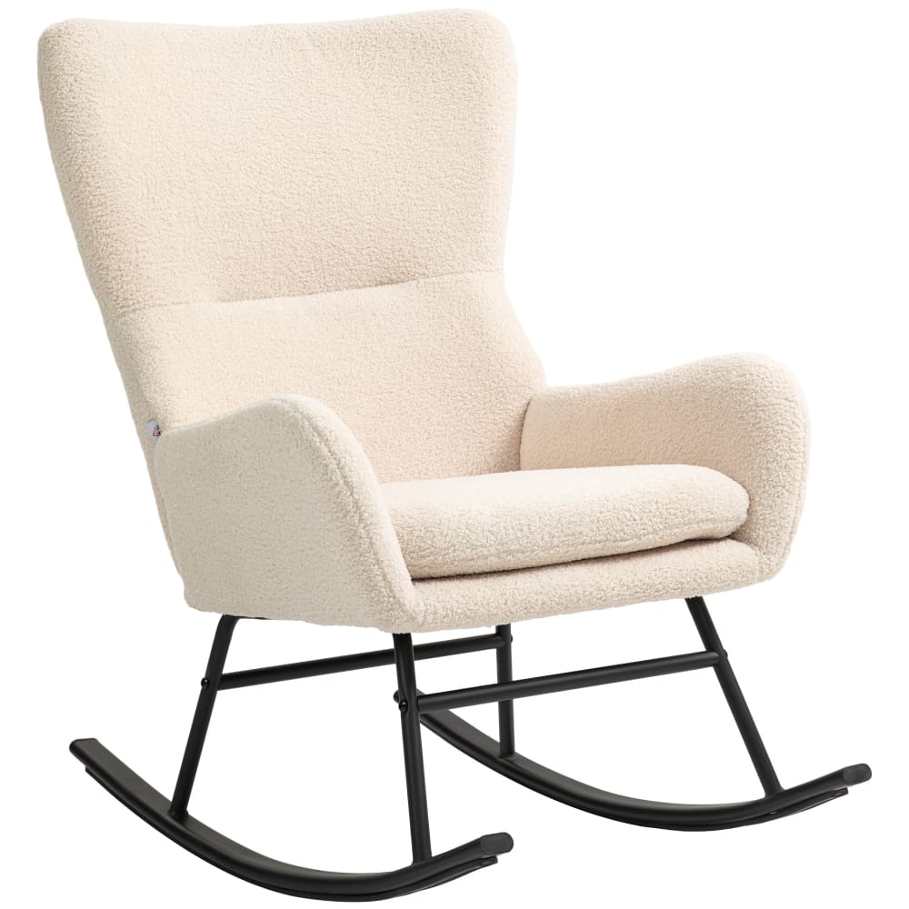 Fauteuil à bascule néo-rétro acier noir effet laine bouclée beige — Beyit