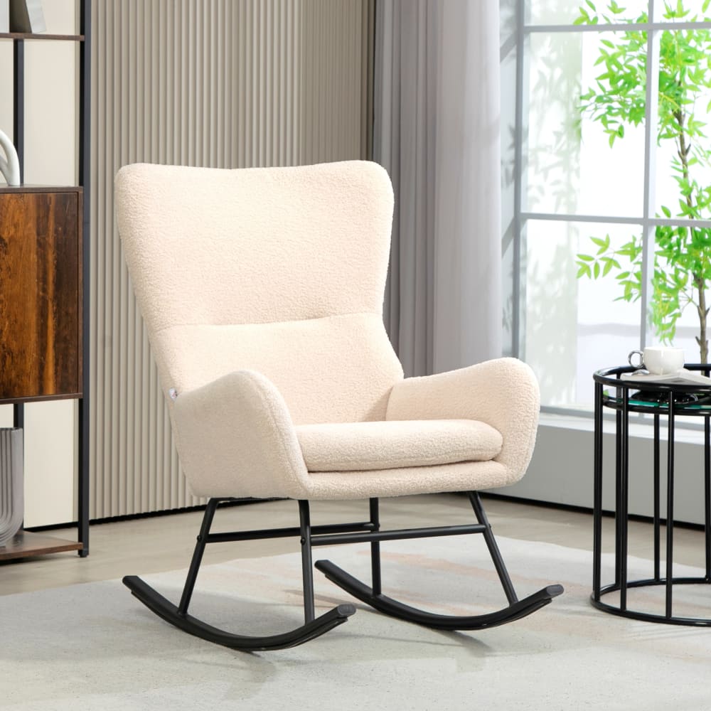 Fauteuil à bascule néo-rétro acier noir effet laine bouclée beige