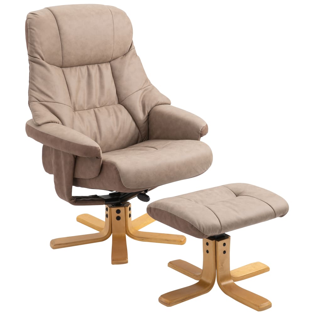 Fauteuil relax dossier inclinable repose-pied bois tissu taupe clair