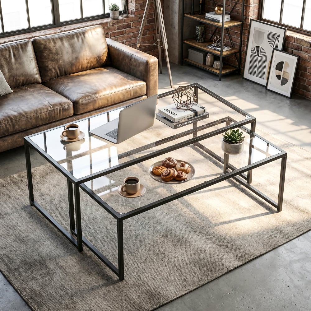 Nesttische-Set 2er, Design-Schwarzstahl & Sicherheitsglas -