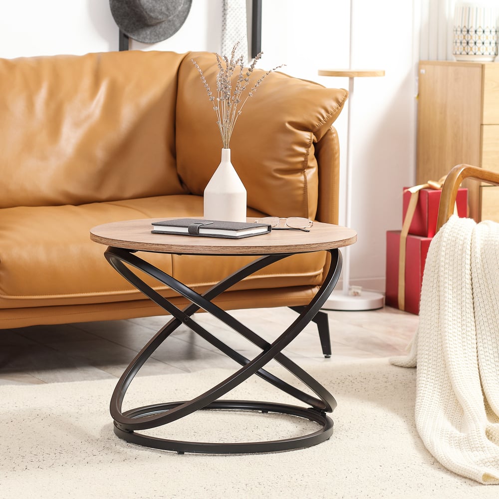 Runddesign-Neoretro-Tisch, Stahlring & Holzoptik schwarz -