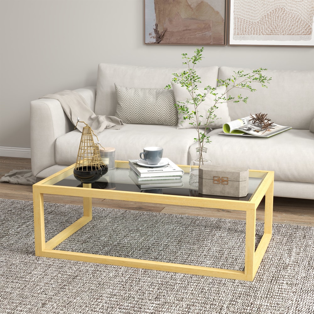Table basse design contemporain plateau verre trempé bois d'hévéa - Maisons du Monde