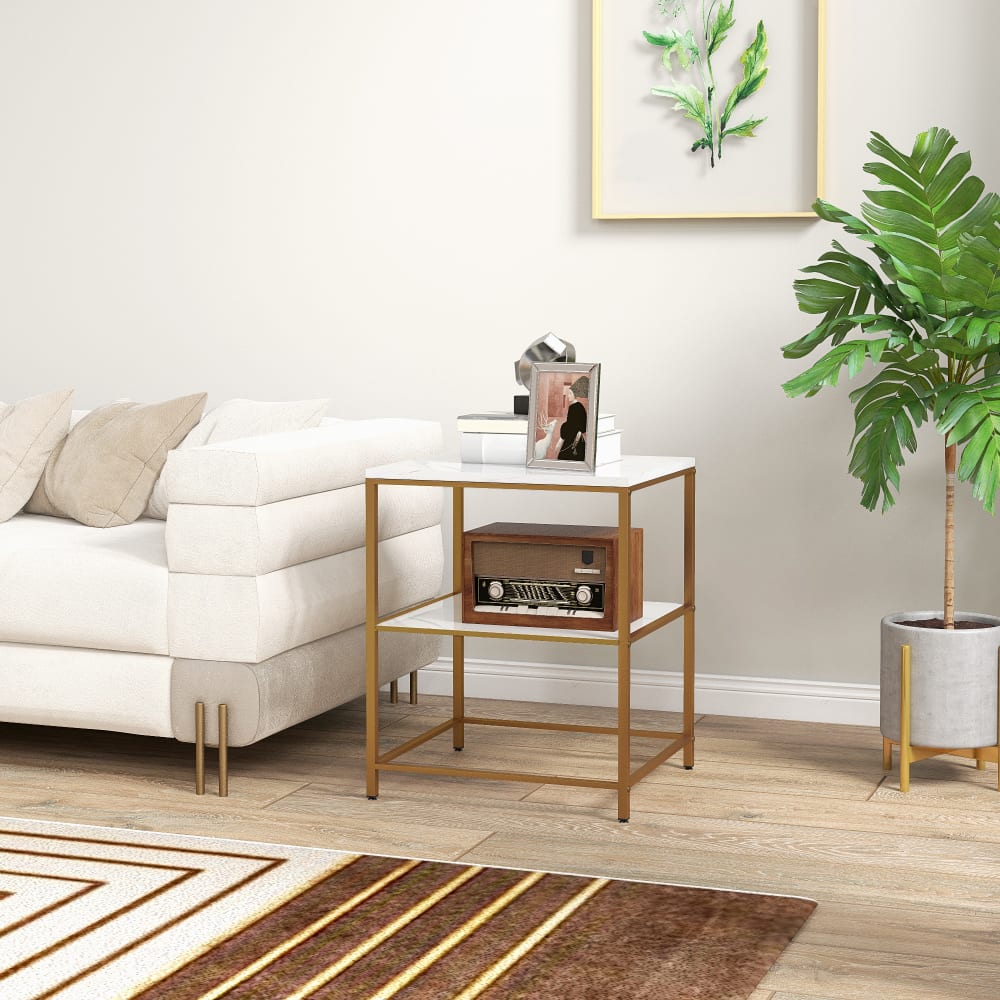 Table d'appoint étagères style art déco métal doré effet marbre blanc - Maisons du Monde