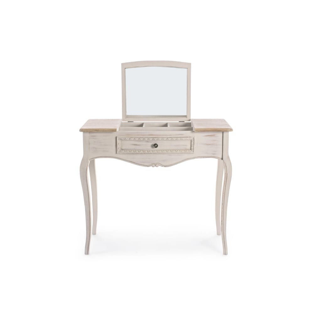 Console coiffeuse en bois beige patiné avec miroir et rangements